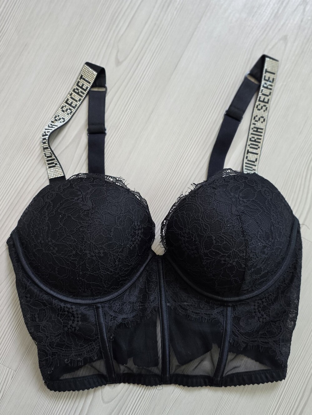 Victoria's Secret Black Lace Push-up Corset Bustier Bra With Shine Strap
